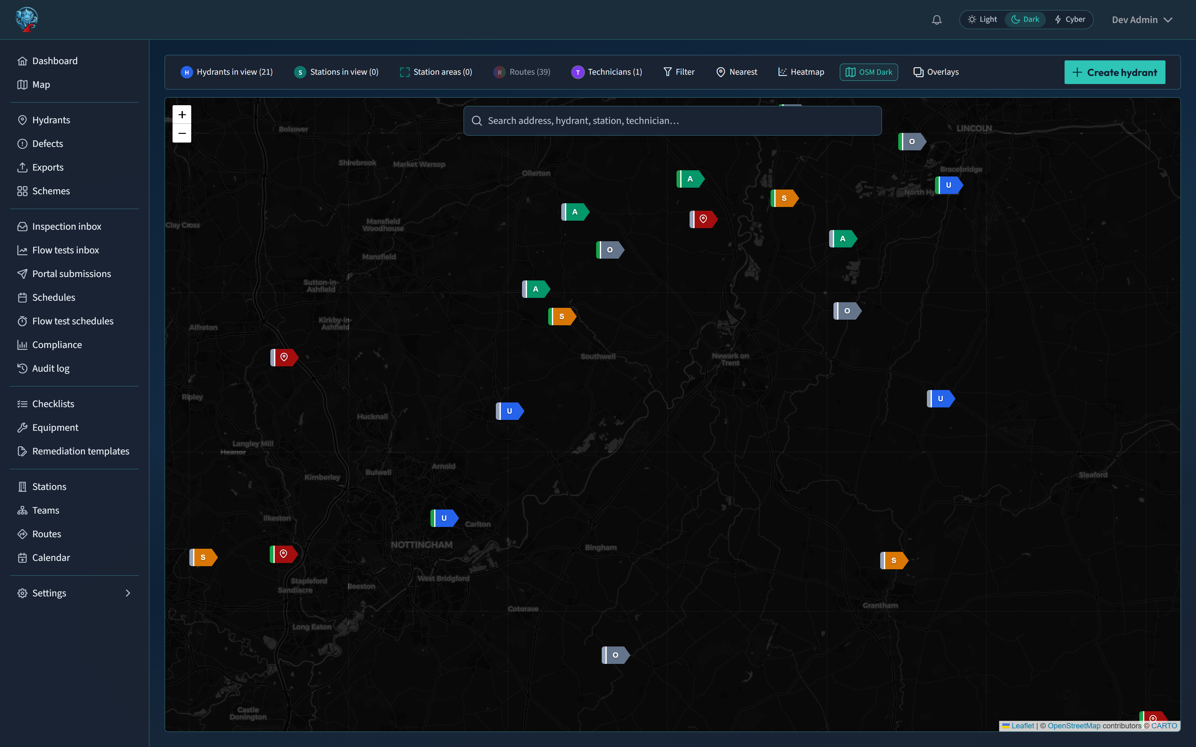 Map — hydrant risk / due / defects